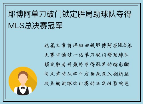耶博阿单刀破门锁定胜局助球队夺得MLS总决赛冠军 耶博阿单刀破门锁定胜局助球队夺得MLS总决赛冠军